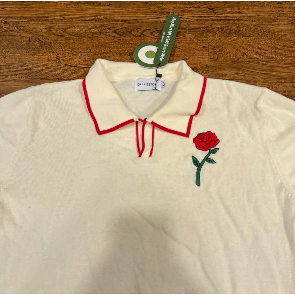 Oxknitstore Beige Retro Vintage Floral Rose Cotton Casual Golf Polo Shirt Men XL
